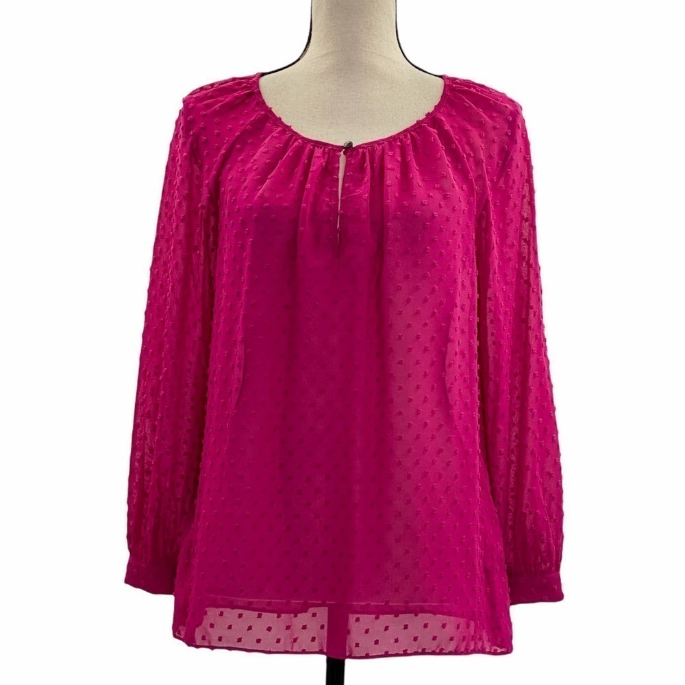 J. Crew Factory Pink Jacquard Textured Polka Dot Peasant Long Sleeve Blouse